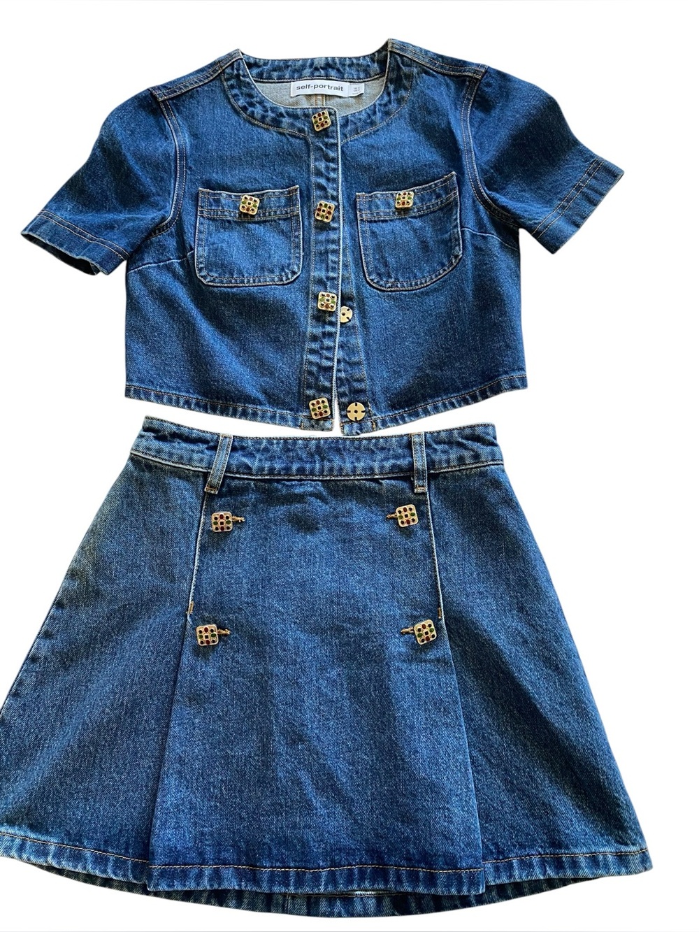 Self-Portrait Dark Blue Denim Short Sleeve Two-Piece Dress Set - Picture 10 of 13